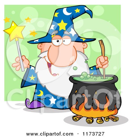 Cartoon of a Wizard Holding a Magic Wand and Stirring a Cauldron, over Green - Royalty Free Vector Clipart by Hit Toon