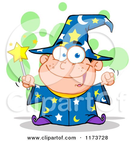 Cartoon of a White Wizard Boy Holding a Wand, with Green Bubbles - Royalty Free Vector Clipart by Hit Toon