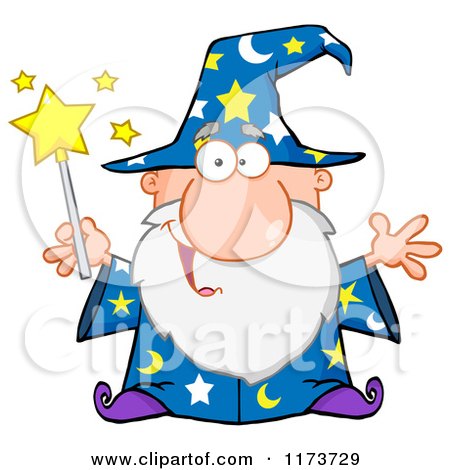 Cartoon of a Happy Old Wizard Man Holding a Magic Wand - Royalty Free Vector Clipart by Hit Toon