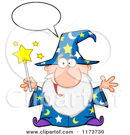 Cartoon of a Happy Talking Old Wizard Man Holding a Magic Wand - Royalty Free Vector Clipart by Hit Toon