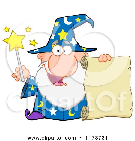 Cartoon of a Happy Old Wizard Man Holding a Scroll and Wand - Royalty Free Vector Clipart by Hit Toon