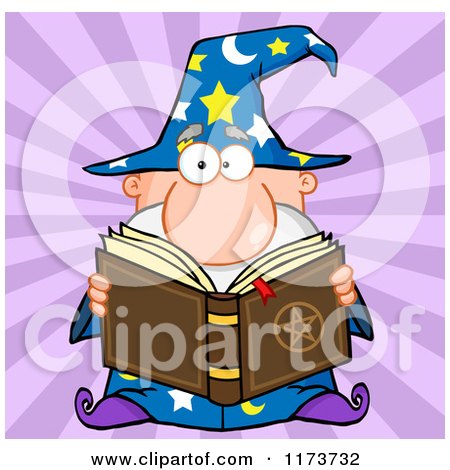 Cartoon of a Wizard Man Reading a Spell Book, over Purple Rays - Royalty Free Vector Clipart by Hit Toon