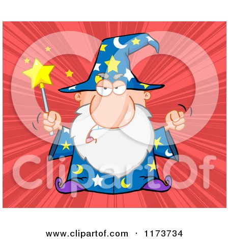Cartoon of a Mad Old Wizard Casting a Spell, over Red Rays - Royalty Free Vector Clipart by Hit Toon