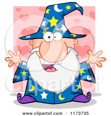 Cartoon of an Excited Old Wizard over Pink Hearts - Royalty Free Vector Clipart by Hit Toon