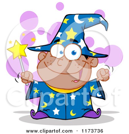 Cartoon of a Black Wizard Boy Holding a Wand, with Purple Bubbles - Royalty Free Vector Clipart by Hit Toon