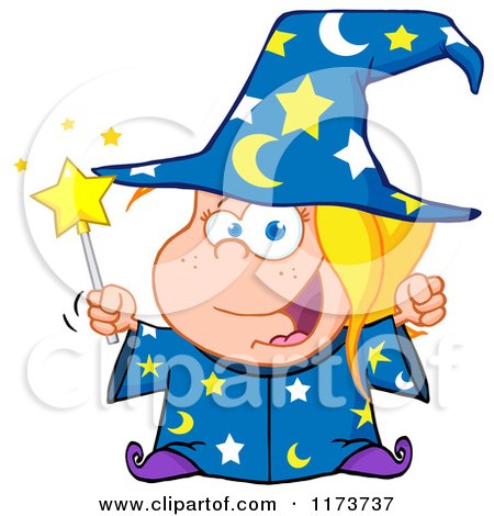 Cartoon of a White Wizard Girl Holding a Magic Wand - Royalty Free Vector Clipart by Hit Toon