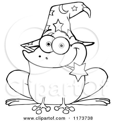 Cartoon of a Black and White Wizard Frog with a Hat and Magic Wand in His Mouth - Royalty Free Vector Clipart by Hit Toon