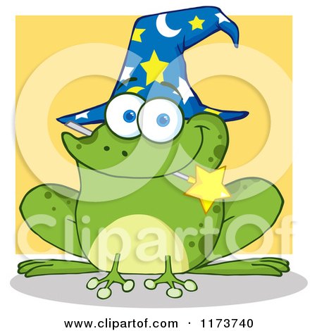 Cartoon of a Wizard Frog with a Hat and Magic Wand in His Mouth, over Yellow - Royalty Free Vector Clipart by Hit Toon