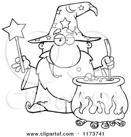 Cartoon of a Black and White Wizard Holding a Magic Wand and Stirring a Cauldron - Royalty Free Vector Clipart by Hit Toon