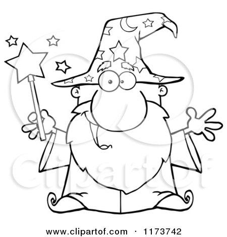 Cartoon of a Black and White Happy Old Wizard Man Holding a Magic Wand - Royalty Free Vector Clipart by Hit Toon