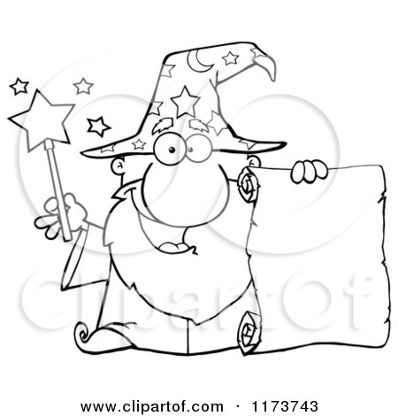 Cartoon of a Happy Black and White Old Wizard Man Holding a Scroll and Wand - Royalty Free Vector Clipart by Hit Toon