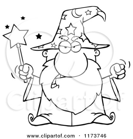 Cartoon of a Black and White Mad Old Wizard Casting a Spell - Royalty Free Vector Clipart by Hit Toon