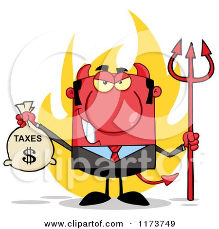 Cartoon of a Devil Business Tax Man with a Money Bag Flames and Pitchfork - Royalty Free Vector Clipart by Hit Toon