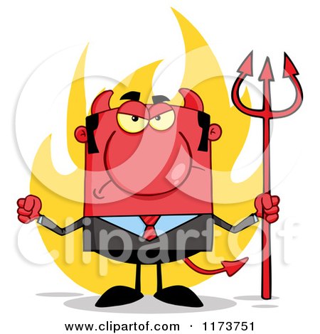 Cartoon of a Mad Devil Businessman with a Pitchfork and Flames, Waving a Fist - Royalty Free Vector Clipart by Hit Toon