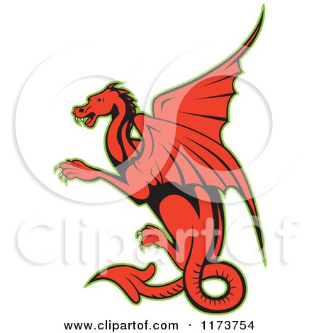 Clipart of a Red Cartoon Dragon with a Green Outline - Royalty Free Vector Illustration by patrimonio