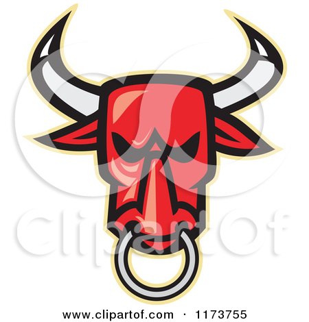 Clipart of a Red Angry Bull Head with a Nose Ring - Royalty Free Vector Illustration by patrimonio