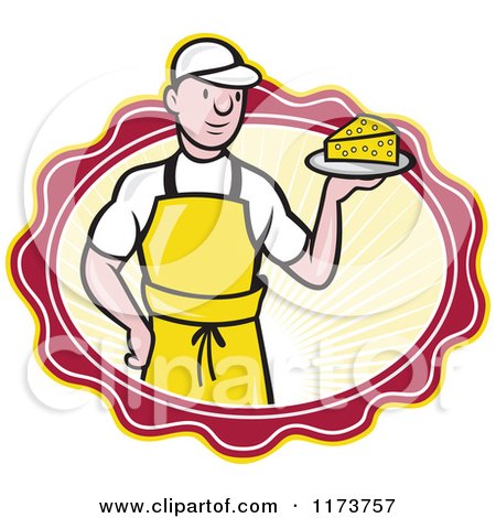 Clipart of a Cartoon Male Cheesemaker Holding a Wedge in a Sunny Oval - Royalty Free Vector Illustration by patrimonio
