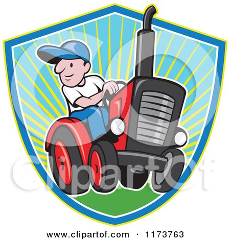Clipart of a Cartoon Farmer Driving a Tractor over a Sunny Shield - Royalty Free Vector Illustration by patrimonio