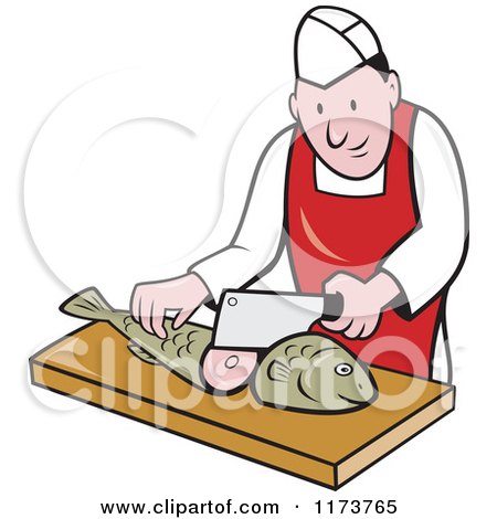 Clipart of a Retro Cartoon Fishmonger Sushi Chef Chopping a Fish - Royalty Free Vector Illustration by patrimonio