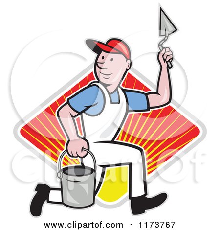 Clipart of a Cartoon Plasterer Construction Worker with Trowel and Pail over a Sunny Diamond - Royalty Free Vector Illustration by patrimonio