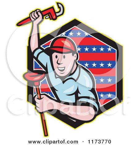 Clipart of a Cartoon Plumber with a Monkey Wrench and Plunger over a Patriotic Hexagon - Royalty Free Vector Illustration by patrimonio
