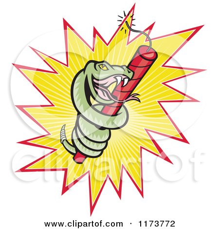 Clipart of a Cartoon Rattle Snake Coiled Around Dynamite over a Burst - Royalty Free Vector Illustration by patrimonio
