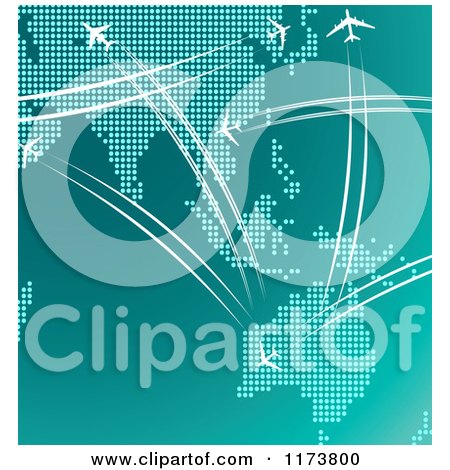 Clipart of Airplanes Flying over Asia and Australia in Turquoise Tones - Royalty Free Vector Illustration by Vector Tradition SM