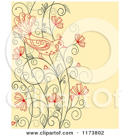 Clipart of a Red Bird on a Floral Vine over Yellow - Royalty Free Vector Illustration by Vector Tradition SM
