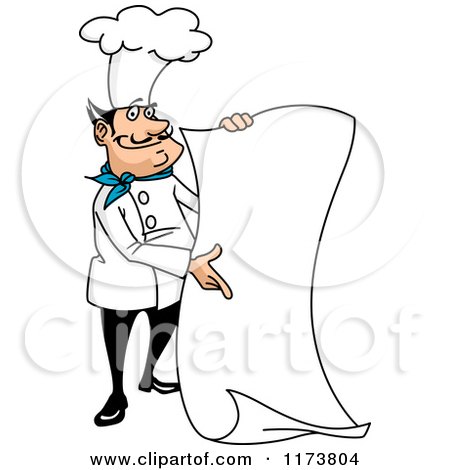 Clipart of a Smiling Chef Holding and Presenting a Menu Sign - Royalty Free Vector Illustration by Vector Tradition SM