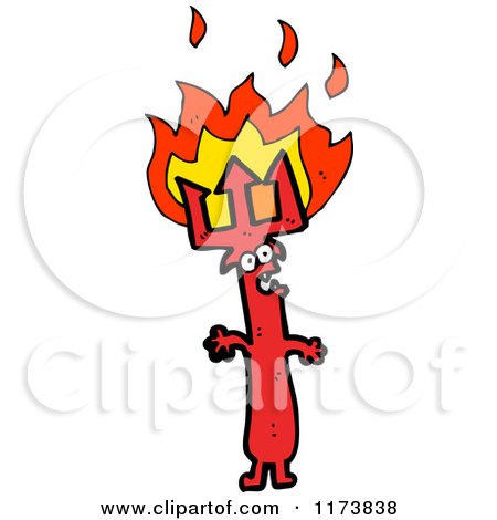 Cartoon of a Red Pitchfork Trident Spear with Flames - Royalty Free Vector Clipart by lineartestpilot