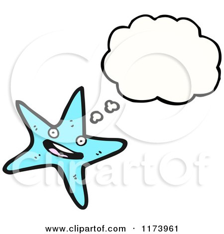 Cartoon of an Aqua Starfish Character Beside a Blank Thought Cloud - Royalty Free Stock Illustration by lineartestpilot