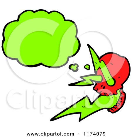 Cartoon of Red Skull with Lightning Bolt and Conversation Bubble - Royalty Free Vector Illustration by lineartestpilot