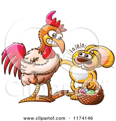 Cartoon of a Mad Rooster About to Fight an Easter Bunny by an Egg - Royalty Free Vector Clipart by Zooco
