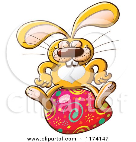 Cartoon of a Happy Easter Bunny Sitting on an Egg - Royalty Free Vector Clipart by Zooco