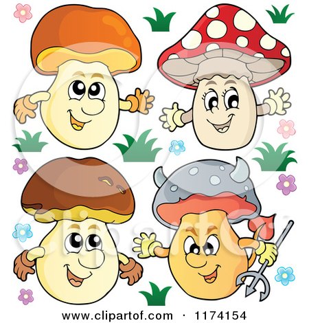 Cartoon of Four Mushroom Characters with Flowers - Royalty Free Vector Clipart by visekart