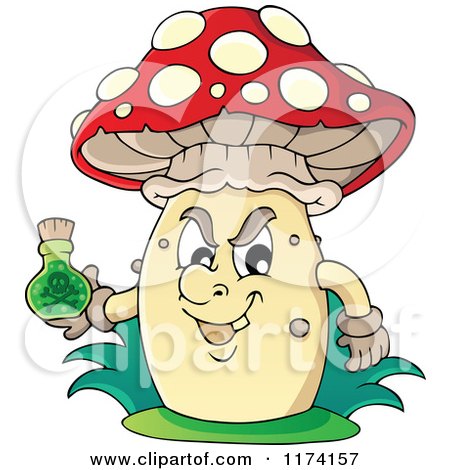 Cartoon of a Mushroom Holding a Bottle of Poison - Royalty Free Vector Clipart by visekart