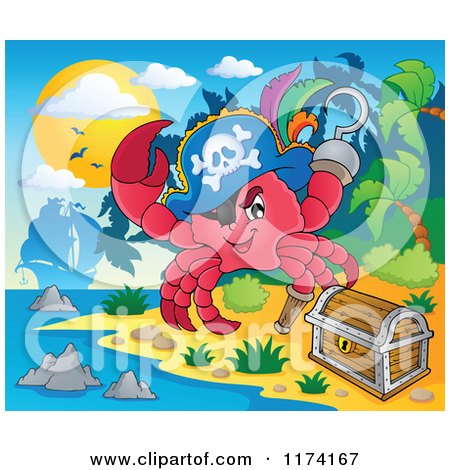 Cartoon of a Pirate Crab by a Treasure Chest on an Island - Royalty Free Vector Clipart by visekart