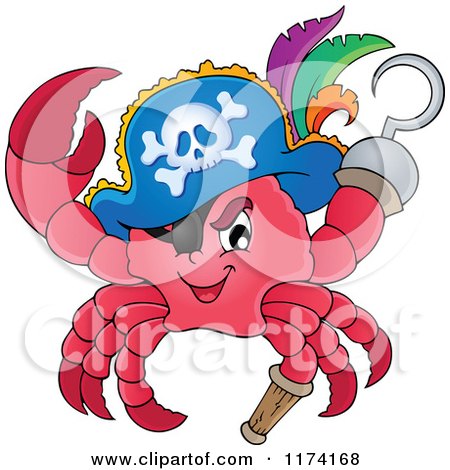 Cartoon of a Pirate Crab Captain with a Hat Peg Leg and Hook Hand - Royalty Free Vector Clipart by visekart
