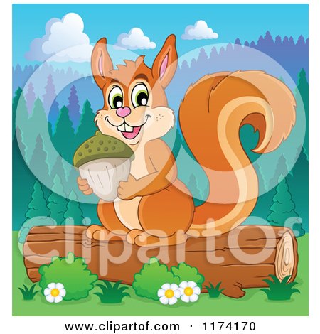 Cartoon of a Cute Squirrel Holding an Acorn on a Log - Royalty Free Vector Clipart by visekart