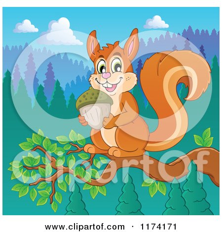 Cartoon of a Cute Squirrel Holding an Acorn on a Branch - Royalty Free Vector Clipart by visekart