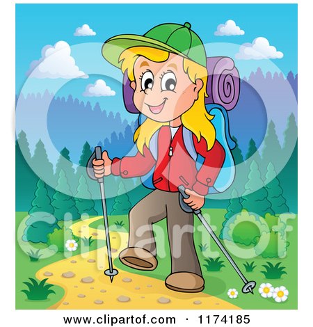 Cartoon of a Happy Blond Woman Hiking on a Trail with Trekking Poles - Royalty Free Vector Clipart by visekart
