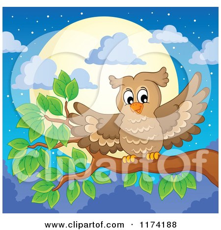 Cartoon of a Owl Flapping Its Wings on a Tree Branch Against a Full Moon - Royalty Free Vector Clipart by visekart