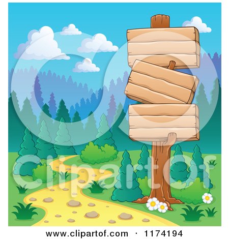 Cartoon of Wooden Signs Along a Path Leading into the Forest - Royalty Free Vector Clipart by visekart