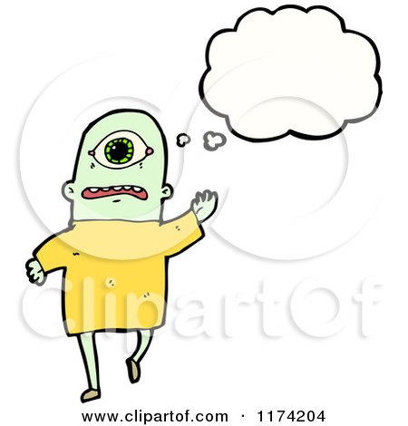 Cartoon of a One-Eyed Monster with a Conversation Bubble - Royalty Free Vector Illustration by lineartestpilot