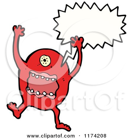 Cartoon of a Red One-Eyed Monster with a Conversation Bubble - Royalty Free Vector Illustration by lineartestpilot