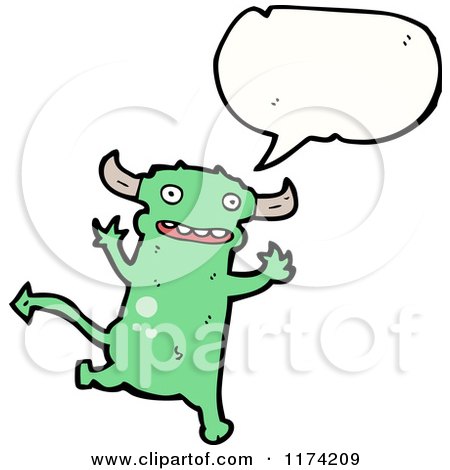 Cartoon of a Green Devil with a Conversation Bubble - Royalty Free Vector Illustration by lineartestpilot