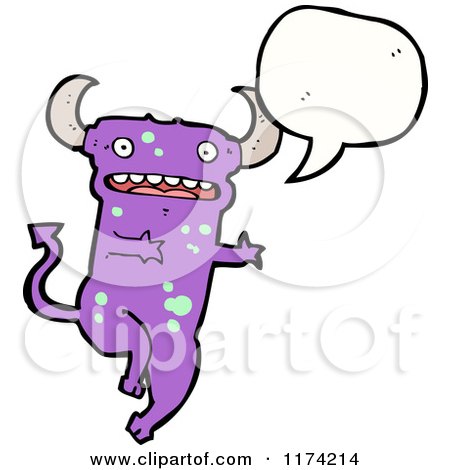 Cartoon of a Purple Devil with a Conversation Bubble - Royalty Free Vector Illustration by lineartestpilot