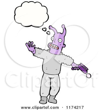 Cartoon of a Purple Monster with Ray Gun and a Conversation Bubble - Royalty Free Vector Illustration by lineartestpilot