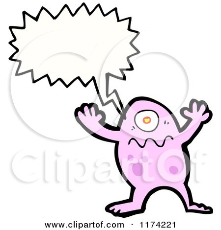 Cartoon of a Pink One-Eyed Monster with a Conversation Bubble - Royalty Free Vector Illustration by lineartestpilot