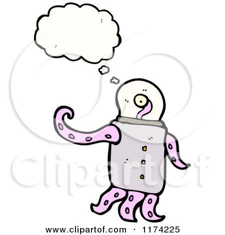 Cartoon of a Tentacled Space Monster with a Conversation Bubble - Royalty Free Vector Illustration by lineartestpilot
